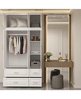 Famapy White 6-Door Big Wardrobe Armoires with Hanging Rod, 4-Drawers
