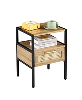 Slickblue Rattan End Table with Drawer: Modern Nightstand with Metal Legs - Side Table for Living Room & Bedroom - Natural