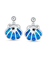 Bling Jewelry Created Blue Opal Hawaiian Nautical Tropical Beach Vacation Mollusks Clam Dangling Drop Stud Earrings For Women Marine Life .925 Sterlin