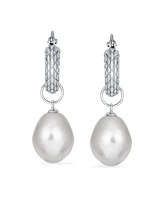 Bling Jewelry Elegant .925 Sterling Silver Simple White Freshwater Cultured Baroque Pearl Teardrop Mini Hoop Huggie Dangling Earrings 2 Ways to Wear D