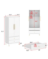 Famapy White Wooden Wardrobe, Armoire with 1-Large Shelf, Hanging Bar and 2-Drawers