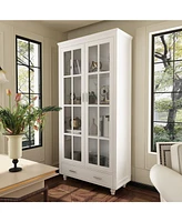 Famapy White Storage Cabinet Bookcase with Tempered Glass Doors,-Drawer