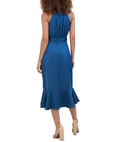 kensie Women's Satin Ruffle-Trimmed Midi Dress