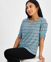 Ak Anne Klein Petite Printed Elbow-Sleeve Smocked-Cuff Top