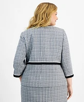 Kasper Plus Open-Front Piped-Trim Tweed Jacket