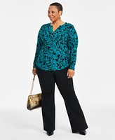 I.n.c. International Concepts Plus Printed Split-Neck Long-Sleeve Top, Created for Macy's