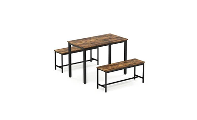 Slickblue Dining Table Set – Industrial Style Bar Table with 2 Benches and Chairs, Rustic Brown and Black