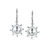 Bling Jewelry Tropical Beach Vacation Honeymoon Simple Nautical Boat Ship Wheel Anchor Lever Back Dangle Earrings For Women .925 Sterling Silver