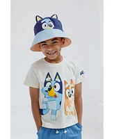 Bluey Boys T-Shirt Chambray Shorts and Twill Bucket Sun Hat 3 Piece Outfit Set to