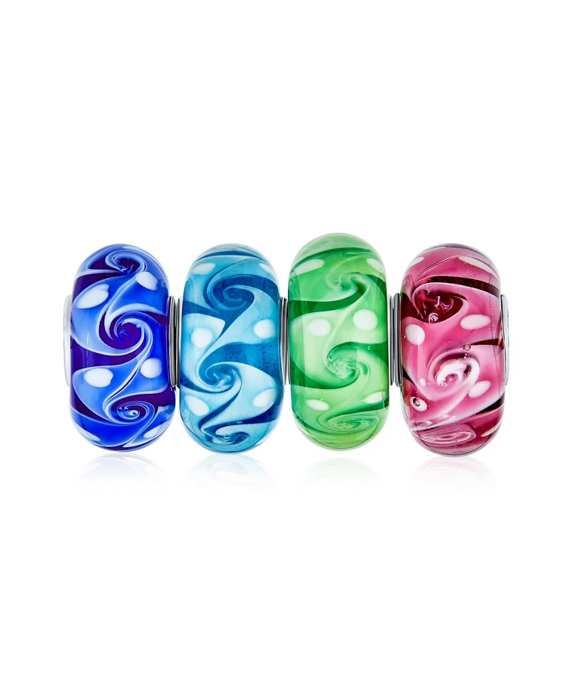 Bling Jewelry Murano Glass Multi Color Mix Bundle Set Of 4 Spacer Bead Fit European Ocean Wave Swirl Charm Bead .925 Sterling Silver Fits European Bra