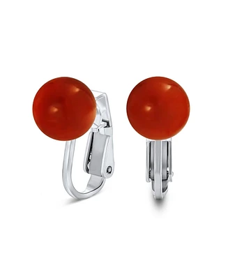 Bling Jewelry Simple Red Orange Dyed Coral Round Ball Bead Clip On Stud Earrings For Women .925 Sterling Silver 8MM