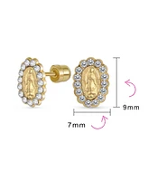 Bling Jewelry Small Cubic Zirconia Cz Halo Holy Mother Religious Medallion Style Yellow 14K Gold Oval Virgin Mary Stud Earrings