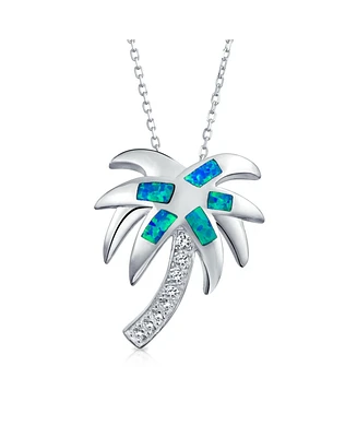 Bling Jewelry Nautical Tropical Beach Blue Inlayed Created Opal Palm Tree Pendant Necklace For Women .925 Sterling Silver