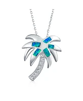 Bling Jewelry Nautical Tropical Beach Blue Inlayed Created Opal Palm Tree Pendant Necklace For Women .925 Sterling Silver