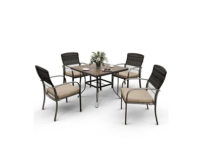 Pamapic Brown 5-Piece Pe Wicker Outdoor Dining Set with Green Cushions