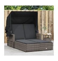 vidaXL Double Sun Lounger with Canopy and Cushions Gray Poly Rattan