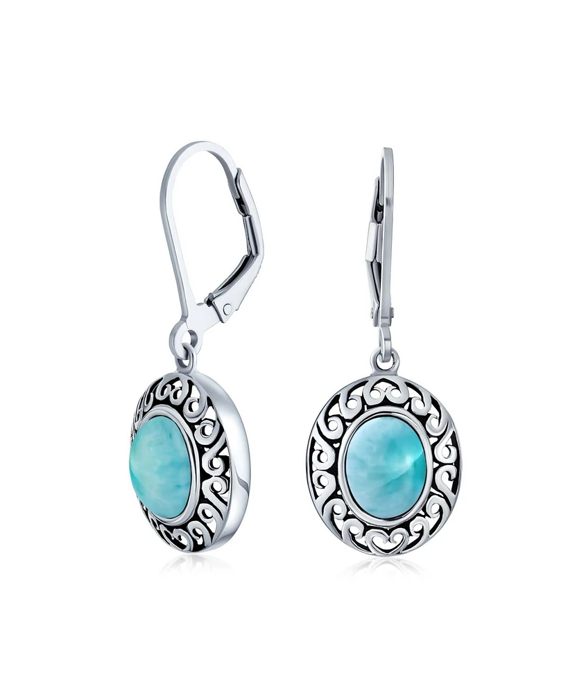 Bling Jewelry Western Style 3.2CT Natural Light Blue Larimer Dome Oval Bezel Set Lever Back Dangle Earrings For Women .925 Sterling Silver