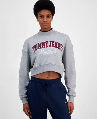 Tommy Jeans Women's Cropped Tartan Logo Mock Neck Sweatshirt