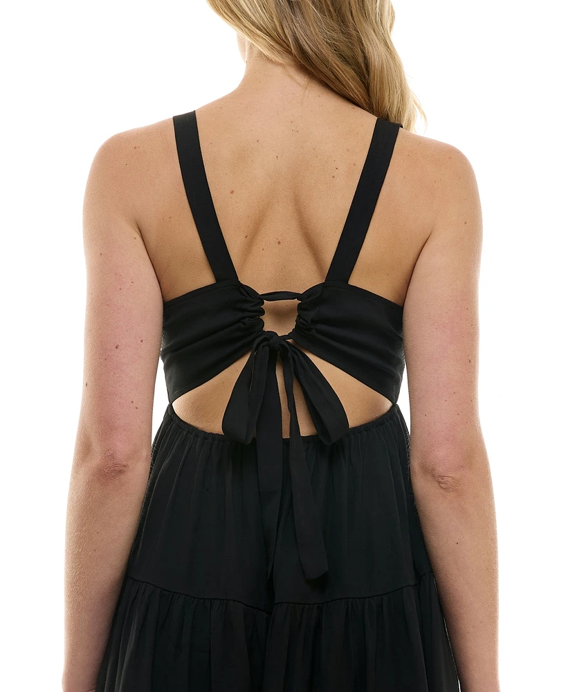 Trixxi Juniors' Solid Tie-Back Tiered Fit & Flare Woven Dress