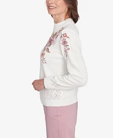 Alfred Dunner Women's Telluride Floral Embroidered White Chenille Sweater