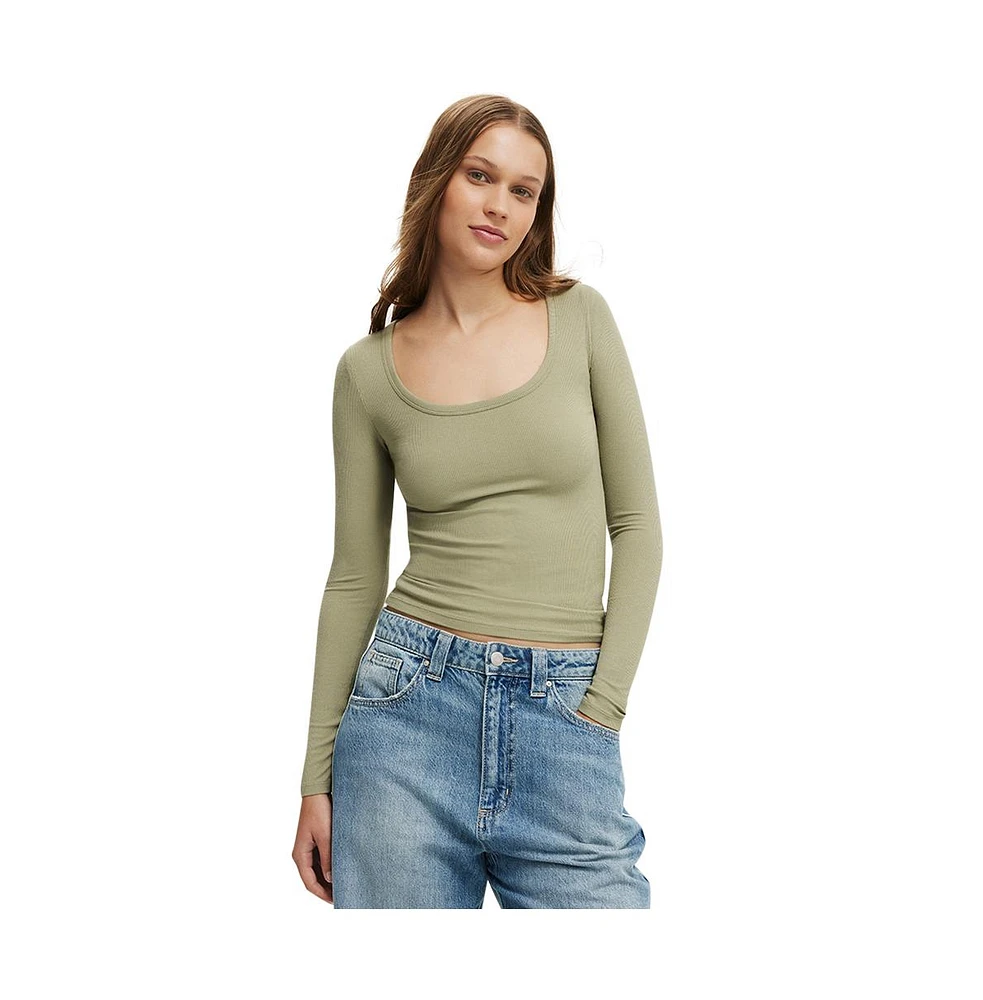 Cotton On Women's Staple Rib Scoop Neck Long Sleeve Top