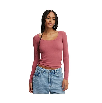 Cotton On Women's Staple Rib Scoop Neck Long Sleeve Top