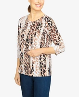 Alfred Dunner Women's Animal Print Embellished Neck Top