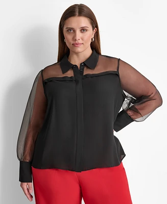 Dkny Plus Collared Mixed-Media Illusion Blouse