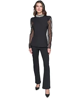 Karl Lagerfeld Paris Women's Embellished Mesh-Sleeve Top