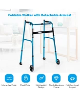 Sugift Folding Adjustable Aluminum Wheel Walking Frame-Navy