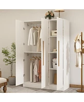 Famapy Grey Wood 3-Door Armoires Wardrobe with Hanging Rod and Storage Shelves