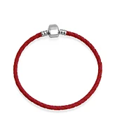 Bling Jewelry Red Weave Braided Leather Starter Charm Fits European Beads Bracelet For Women .925 Sterling Silver Barrel Clasp