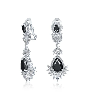 Bling Jewelry Black Cubic Zirconia Statement Dangle Formal Art Deco Style Chandelier Clip On Earrings Prom Silver Plated