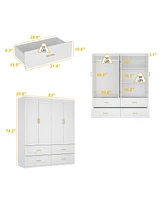 Famapy White Wooden 4-Door Super Large Bedroom Armoire Wardrobe with Hanging Bars