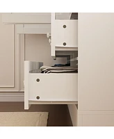 Famapy White Wood Wardrobe Armoires Mirror, Drawers, Adjustable Shelves