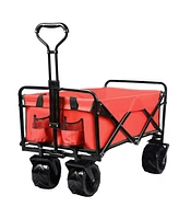 Slickblue Collapsible Heavy-Duty Beach Wagon Cart – Outdoor Folding Utility with Universal Wheels & Adjustable Handle, Red