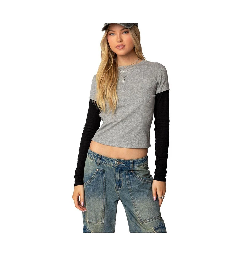 Edikted Women's Lucine Layered Long Sleeve T Shirt - Gray