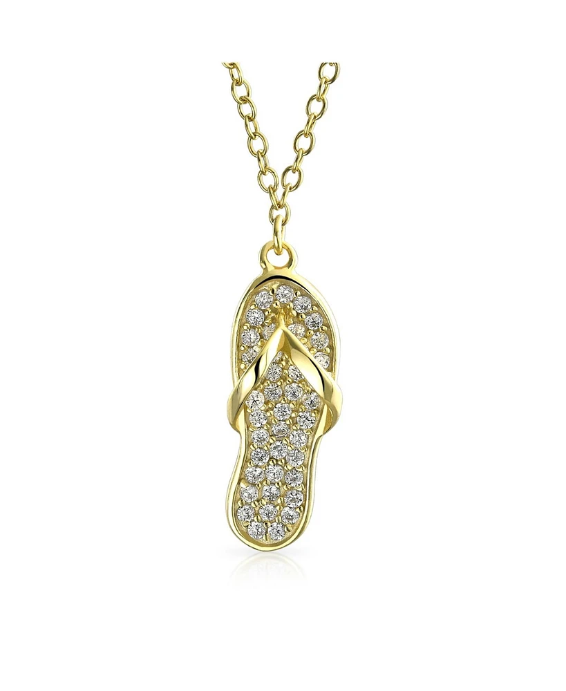 Bling Jewelry Tropical Vacation Nautical Pave Cz Accent Flip Flop Sandal Pendant Necklace For Women 14K Gold Plated .925 Sterling Silver