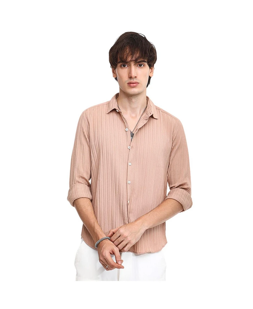 Campus Sutra Men's Light Beige Self-Design Striped Shirt