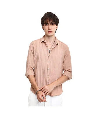 Men's Light Beige Self-Design Striped Shirt