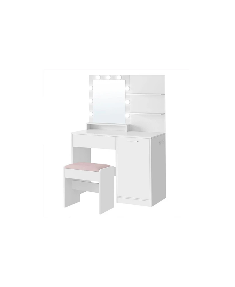 Slickblue Vanity Desk with Mirror and Lights, Makeup Vanity with Upholstered Vanity Stool