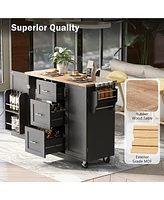 Slickblue K&K Rolling Kitchen Island: Rubber Wood Top, 3 Drawers, 2 Slide-Out Shelves, Internal Storage Rack, Wheels - Black