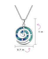 Bling Jewelry Round Blue Created Opal Inlay Spiral Maze Wind Pendant Necklace For Women .925 Sterling Silver