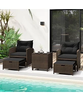 5 Pcs Patio Rattan Furniture with 2 Wicker Ottomans & Tempered Glass Coffee Table