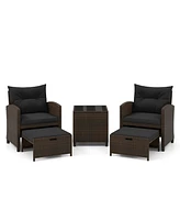 Costway 5 Piece Patio Rattan Furniture with 2 Ottomans & Tempered Glass Coffee Table