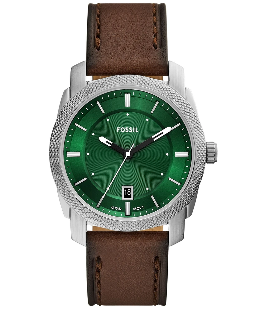 Fossil Men's Machine Three-Hand Green Dial Brown Leather Watch, 42mm