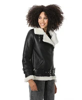 Furniq Uk Women's Shearling Belted Biker Jacket, Silky Black with White Wool