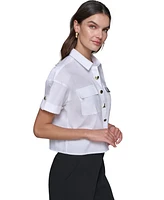 Karl Lagerfeld Paris Women's Poplin Logo Button-Front Top, Regular & Petite