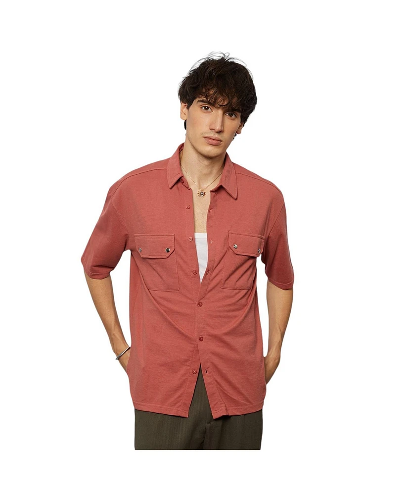 Campus Sutra Men's Terracotta Orange Utility Knit Shirt