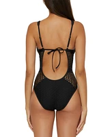 Becca Women's Fishnet Plunge-Neck One-Piece Swimsuit